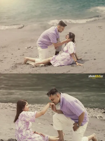 A diptych layout showing the groom caressing his bride's face and kissing her hand, highlighting chivalry and romance.