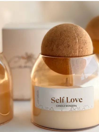 A closer look at the "Self Love" canister jar candle, a perfect reminder to take a moment for yourself.