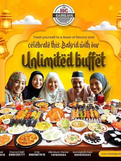 We help you celebrate Bakrid with an unlimited buffet that brings the whole family together. This image shows a table laden with a diverse spread of our barbeque starters, main courses, and colorful drinks, perfect for a joyous gathering.