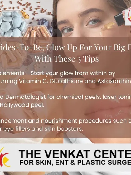 For all brides-to-be, here are three key tips for achieving that perfect wedding day glow. Start with internal supplements like Vitamin C, visit a dermatologist for professional peels, and consider enhancement procedures like under-eye fillers and skin boosters for a nourished, radiant look.