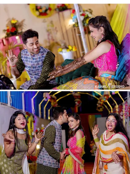 A collage of candid moments, showing the groom admiring the bride's mehendi and celebrating with friends.