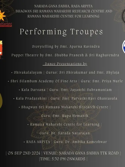 A list of the diverse performing troupes for our 'Arumuga Ramana' festival. The event includes storytelling, puppet theatre, and dance presentations by seven different institutions, including our own.