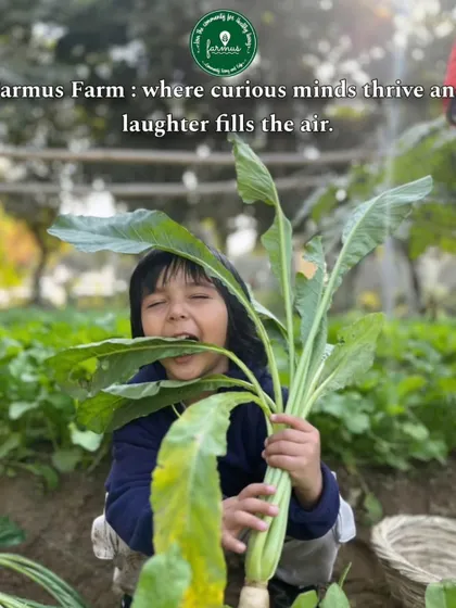 A child's joyful expression as they hold up a giant radish they just pulled from the ground.