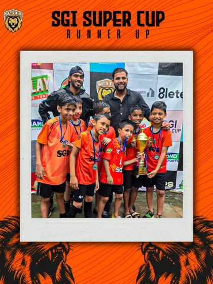 The SGI Super Cup Runner Up team posing with their trophy. Every tournament is a valuable experience, and we are proud of the fight our young players showed.