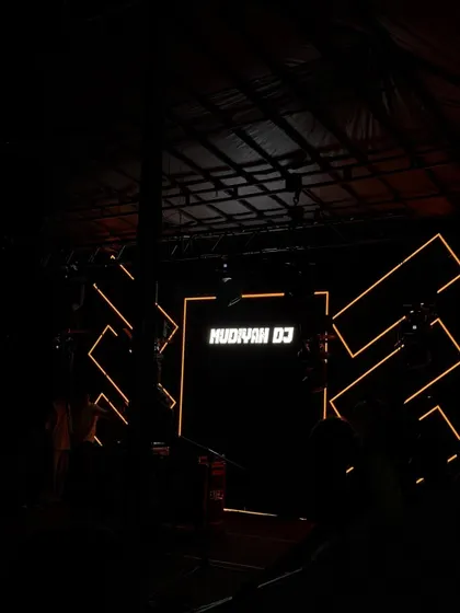 The calm before the storm. A shot of the stage setup with my logo on the LED screen, ready for the show to begin.