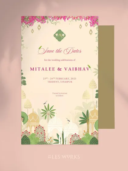A Save the Date designed for a wedding at the Trident, Udaipur. The custom illustration captures the magical landscape of the city, with its iconic palaces, lakes, and lush greenery, promising a beautiful celebration to come.