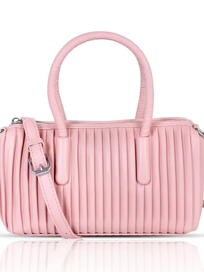 A clean front-on shot of a pink pleated handbag on a white background.