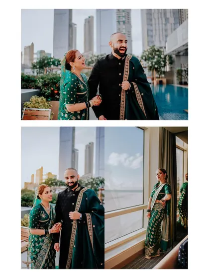 A collage of happy, candid moments on a rooftop. It shows the couple laughing and walking together, with the city skyline in the background, capturing the joy of their urban wedding.