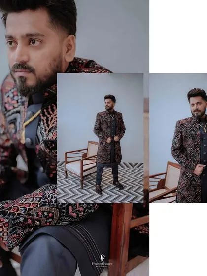 A creative collage of the groom in his intricately patterned reception sherwani.