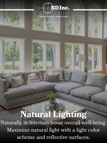 Maximizing natural light is a key principle of my designs. Using large windows and a light color scheme, as shown in this living room, boosts well-being and creates a bright, airy atmosphere.