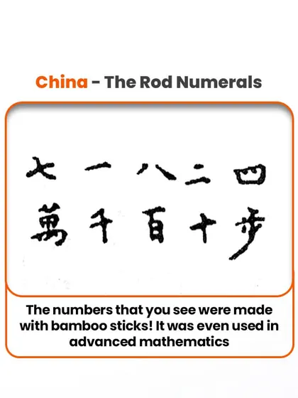 In ancient China, rod numerals made from bamboo sticks were used for counting. This system was even used for advanced mathematics and solving equations.