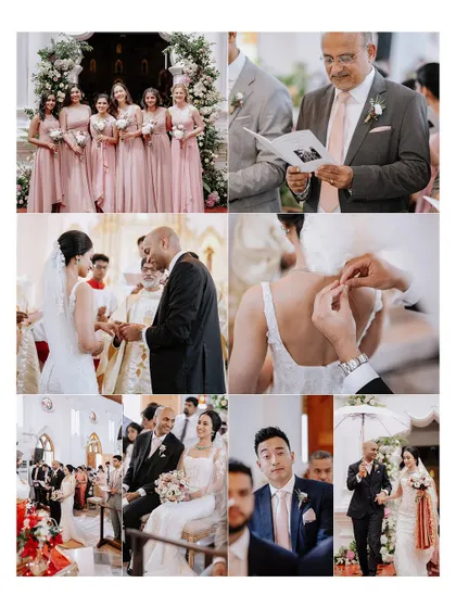 A collage of moments from Priya and Matthew's church wedding. This shows the complete story, from the bridesmaids to the vows and the final walk as a married couple.