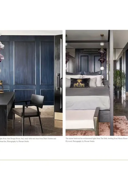 The magazine spread showcasing the moody and luxurious master suite.