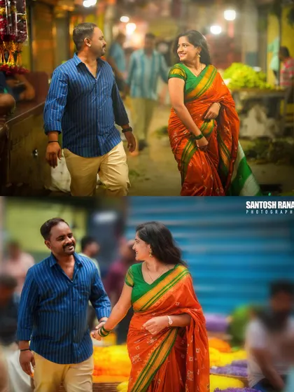 A collage showing a couple's candid moments as they walk through a vibrant flower market, capturing their natural smiles.