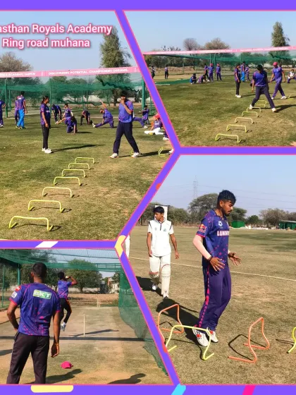 A collage showing various agility and fitness drills at the Rajasthan Royals Academy. We focus on building explosive power and quickness, essential for today's fast-paced game.
