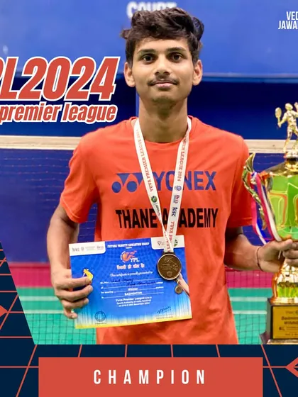 Vedant Jawanjal celebrating his Men's Singles championship at the Yuva Premier League 2024.