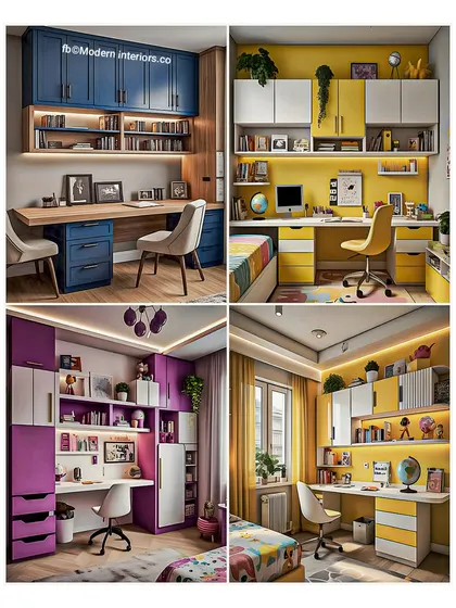 A collection of vibrant and creative study units designed just for kids! Whether it's bold blue, sunny yellow, or playful purple, each setup includes ample shelving and cabinet space to keep school supplies organized and inspire learning.