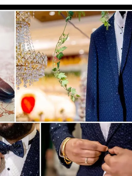 A collection of detail shots for the groom, featuring his textured blue tuxedo, formal shoes, and a matching bowtie.