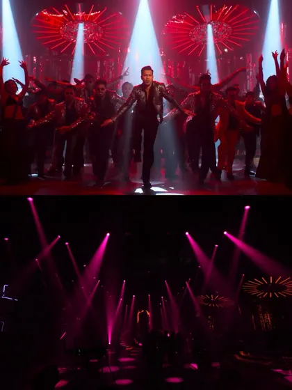 A before-and-after comparison from the song 'Bejuria'. The bottom image shows the raw set with our lighting rig, while the top shows the final shot with added visual effects and color grading.