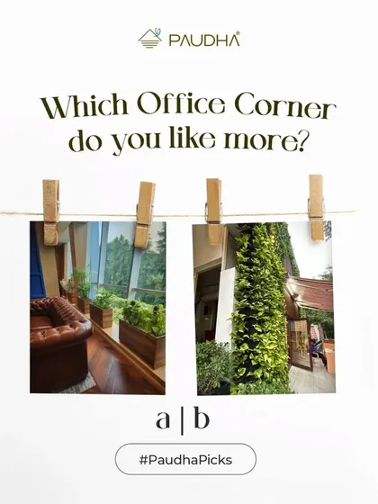 Which office corner do you prefer? On the left, a cozy leather couch nook with planters overlooking a window. On the right, a lush vertical garden at an entrance. Both are designed to make the workday a little greener.