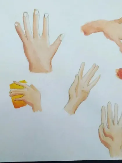 A study of hands in various positions by Anaya, an 8th standard student. Using watercolors, she has practiced drawing one of the most expressive parts of the human body.