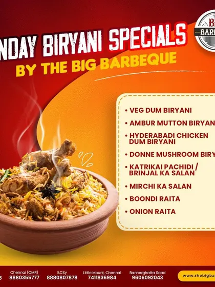 Our Sunday Biryani Specials menu is designed for true connoisseurs. It lists our diverse offerings, including Veg Dum Biryani, Ambur Mutton Biryani, and Donne Mushroom Biryani, ensuring a perfect option for every palate.