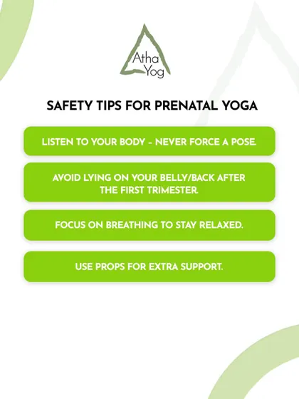 Safety is my top priority in prenatal yoga. This graphic lists key safety tips, such as listening to your body, avoiding certain positions after the first trimester, and using props for support.