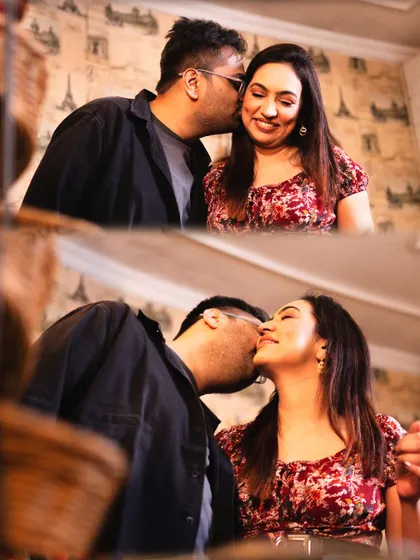 A collage capturing sweet kisses and affection. These are the moments that showcase the deep love and romance of their relationship.