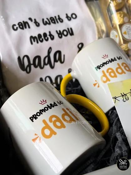 A closer look at our "Promoted to Dada" and "Promoted to Dadi" mugs, a popular and heartwarming choice for sharing the good news with future grandparents.