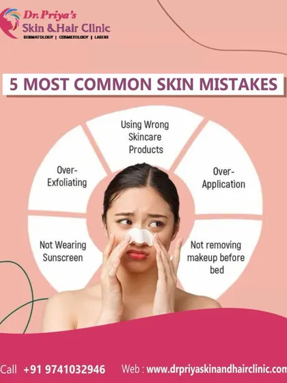This graphic highlights five common skincare mistakes, including using wrong products, over-exfoliating, and not wearing sunscreen. Avoiding these habits is crucial for maintaining healthy skin.