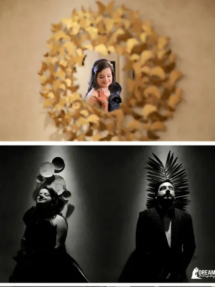 A creative diptych featuring a mirror portrait and an artistic black and white shot of the couple.