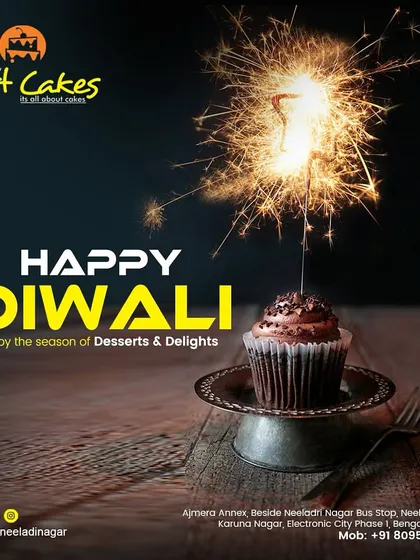 We help you celebrate Diwali with a touch of sweetness. This graphic features a decadent chocolate cupcake with a lit sparkler, representing our special menu of desserts and delights for the festival of lights.