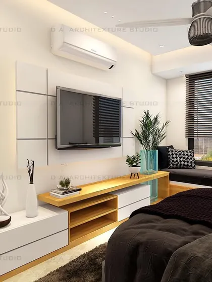 A 3D render of a bedroom in Rohini, featuring a simple, clean design with a cozy window seat.