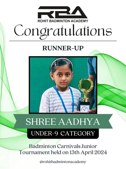 Celebrating Shree Aadhya's runner-up achievement in the Under-9 category at the Badminton Carnivals Junior Tournament.
