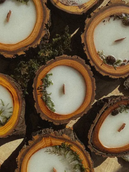 A collection of wooden bark candles, each with unique, natural edges and decorated with botanicals.