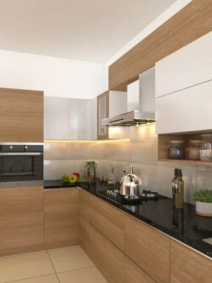 A classic and warm kitchen design featuring wood-grain laminates for all cabinets. The black granite countertop provides a durable and contrasting surface, perfect for heavy Indian cooking.