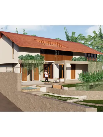 This view shows the home's relationship with its site, featuring a sloped roof and terraced landscaping. The design finds a harmony with nature through contextually detailed skylights and *jaali* work for natural cooling.