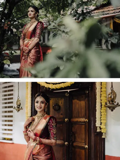 This collage presents two beautiful perspectives of the bride. One is a classic portrait in front of a traditional door, and the other is a more candid shot framed by nature.