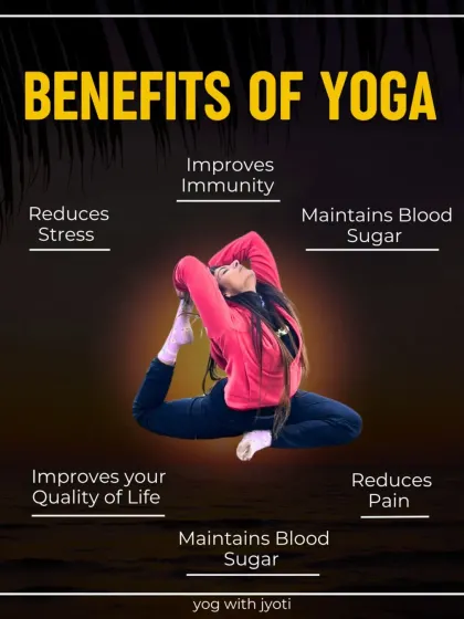A visual summary of the benefits of yoga, including stress reduction, improved immunity, pain reduction, and better quality of life.