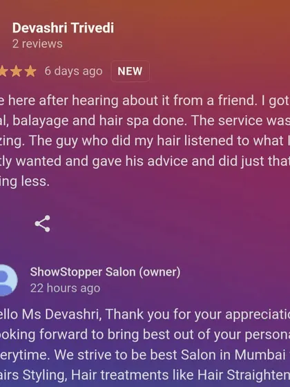 This review from a happy client who got a global colour, balayage, and hair spa perfectly captures my work ethic. I always listen to what you want, provide expert advice, and deliver the results you are looking for.