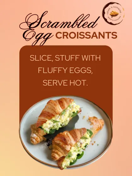 Scrambled egg croissants appear in our serving-ideas design, with the egg filling visible inside the sliced pastry.