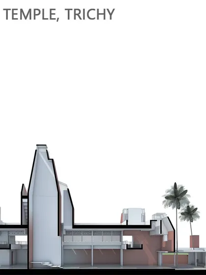 A sectional drawing of the Sai Temple in Trichy, showing the main prayer hall, the towering 'shikara' form, and the multi-level community spaces.