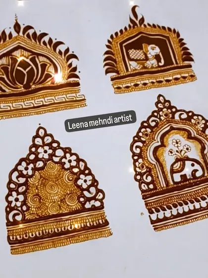 A practice sheet of jharokha designs, each featuring a different motif inside: a lotus, a bride, and an elephant. This exercise helps with creating detailed focal points.