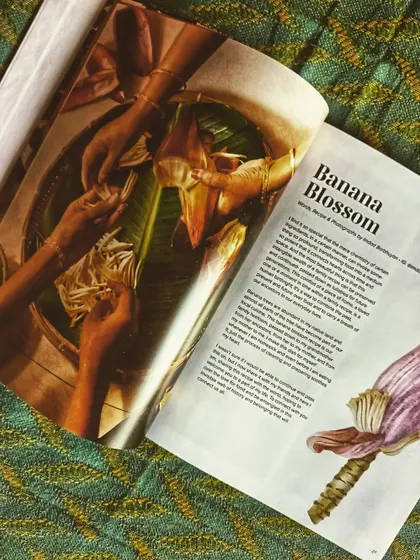 Another beautiful spread from 'Memories on a Plate', featuring a photo essay on Banana Blossom. The book is a hardbound homage brimming with words and affectionate illustrations.