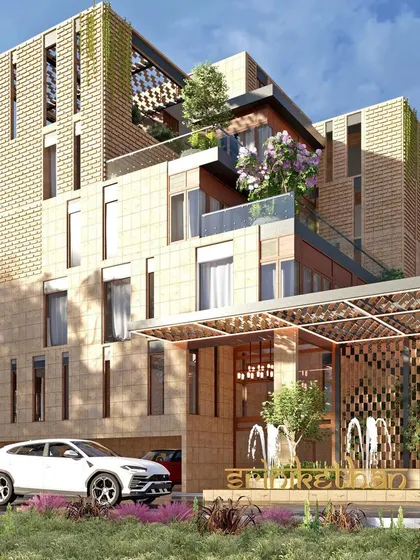 Renderings of 'Sriniketan', a guesthouse for pilgrims in Tirupati. The design features terraced gardens and an ornate facade inspired by temple architecture.