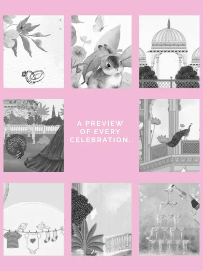 A preview of the many celebrations I design for. This collage hints at the custom themes available, including engagement rings, baby announcements, royal wedding motifs, and champagne toasts.