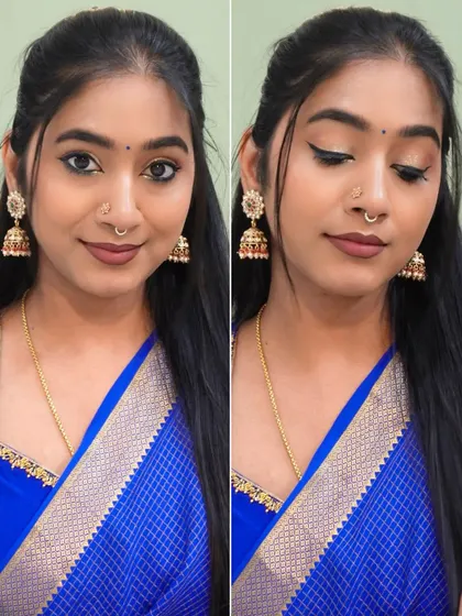 A classic look with a royal blue saree. The makeup is simple with a sharp wing liner and a muted lip to let the saree color shine.