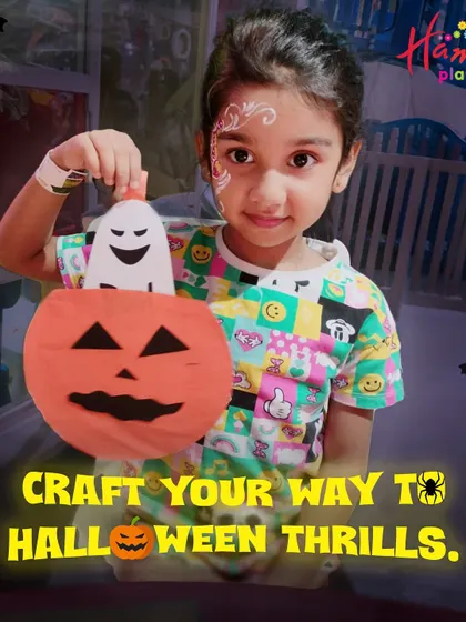 Craft your way to Halloween thrills! A young girl with festive face paint holds up her peek-a-boo pumpkin bag, ready for some trick-or-treating fun.
