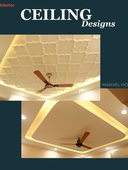 A showcase of two distinct ceiling styles: one with an intricate, textured geometric pattern, and another with a simple, elegant tray design.