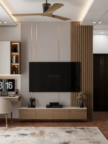 A 3D render of a master bedroom TV unit and workstation. The design is clean and functional, with a mix of wood tones and neutral colors, showcasing how I plan for both work and relaxation in a single space.